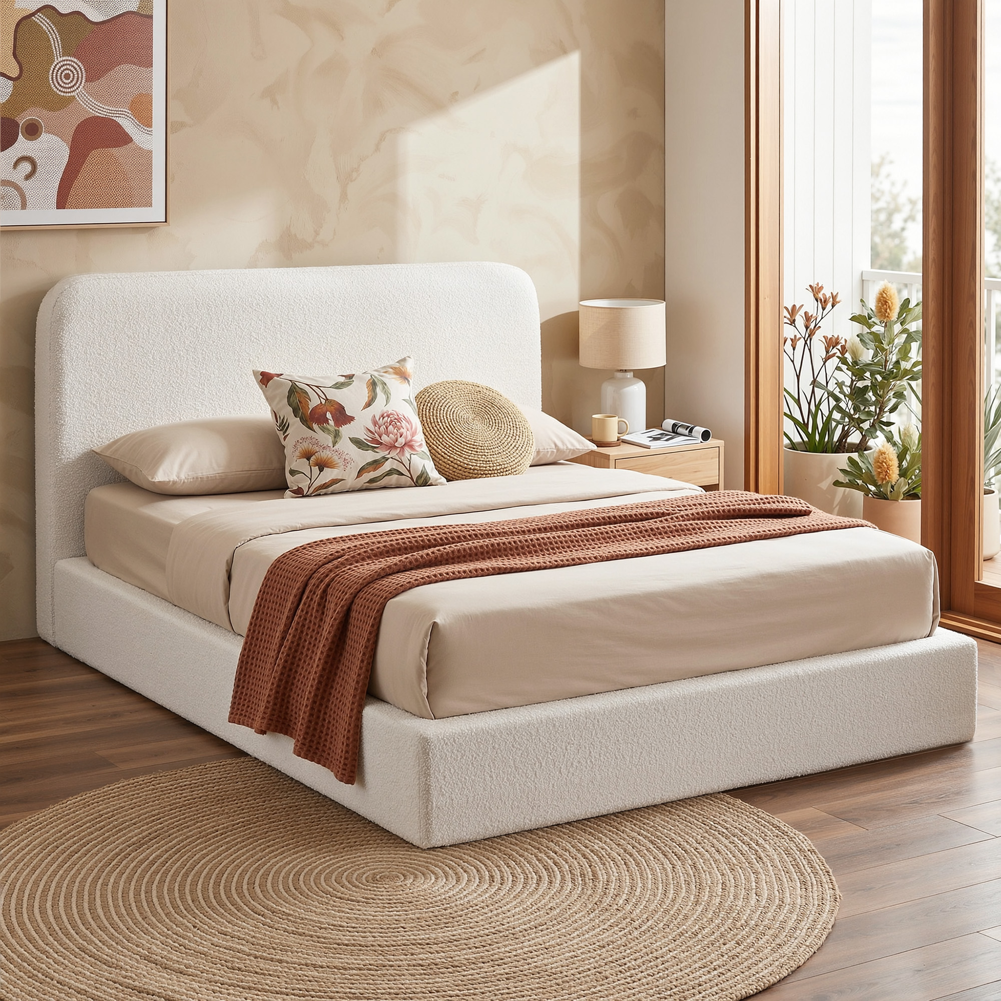 Artiss Queen Bed Frame Boucle Fabric Vacuum Compressed Beds Washable Cover No-Assembly Artiss Queen Bed Frame Boucle Fabric Vacuum Compressed Beds Washable Cover No-Assembly