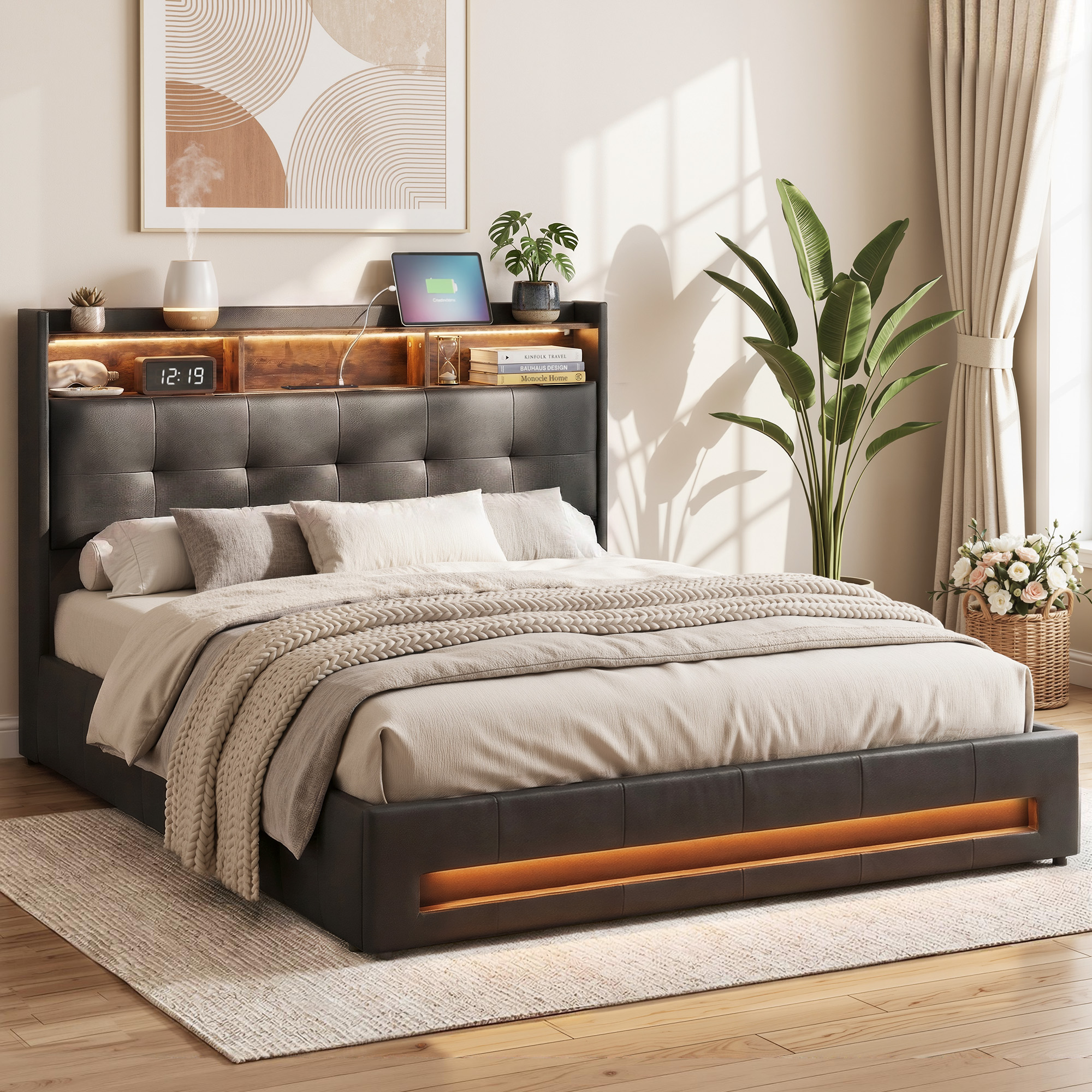 Artiss Double Bed Frame with Gas Lift Storage LED Lights Charging Station Headboard with Open Shelf Artiss Double Bed Frame with Gas Lift Storage LED Lights Charging Station Headboard with Open Shelf