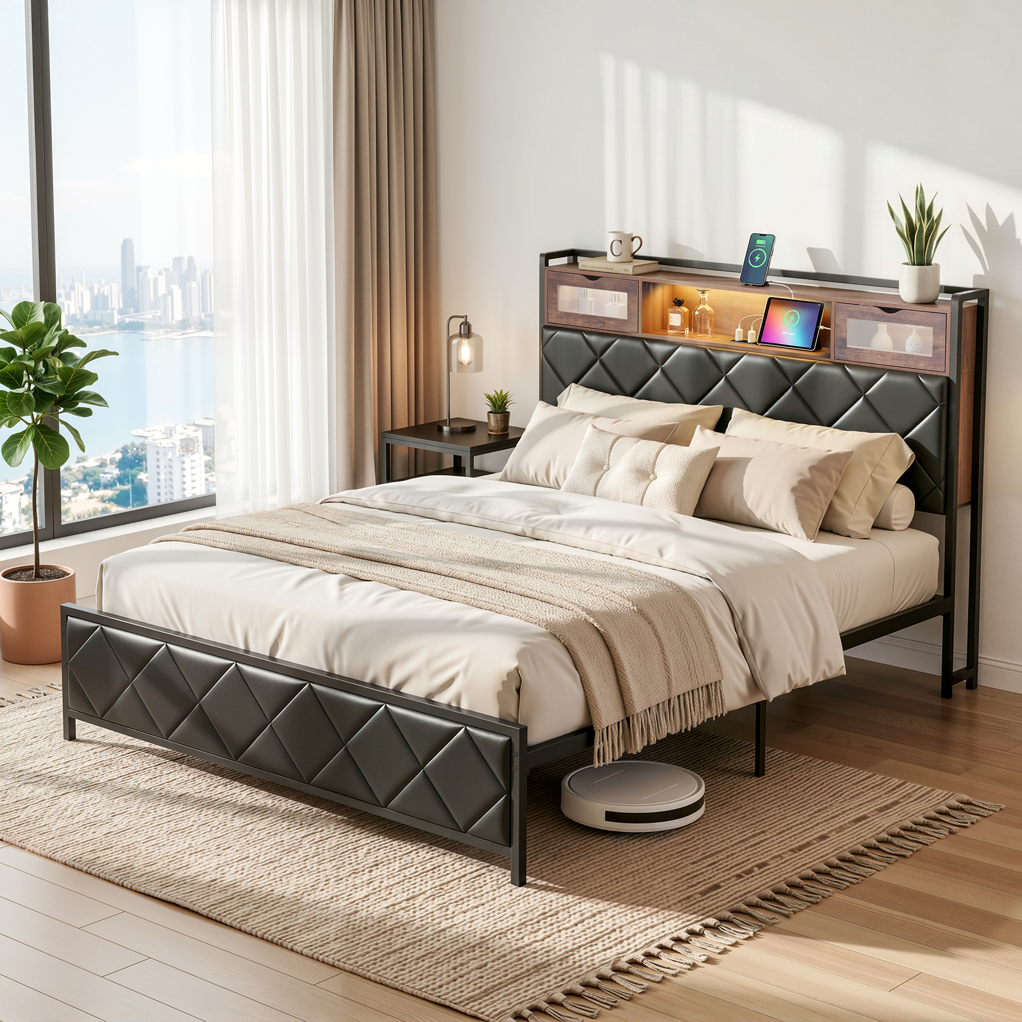 Artiss Queen Bed Frame with LED Lights and Storage Headboard Charging Station Artiss Queen Bed Frame with LED Lights and Storage Headboard Charging Station