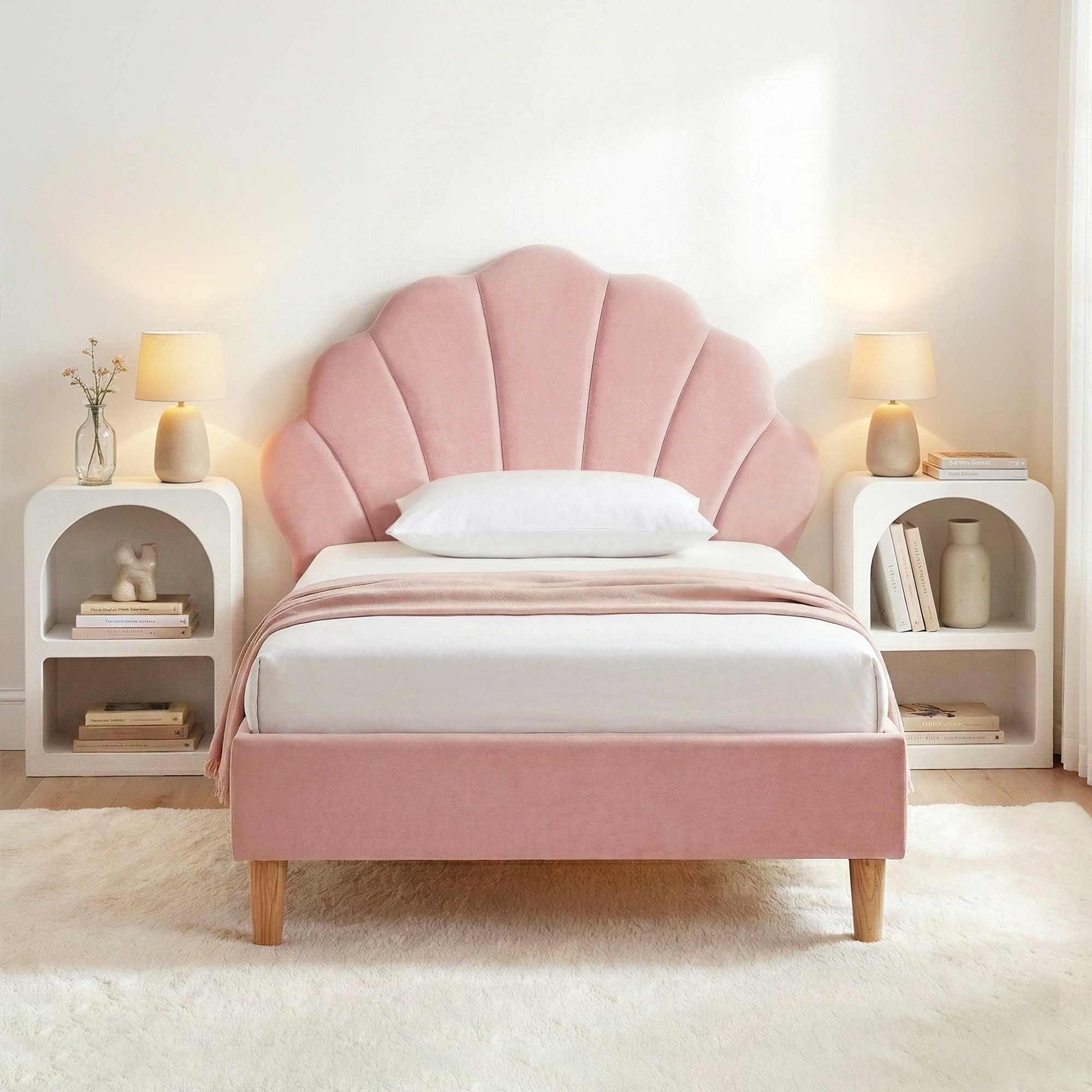 Artiss Bed Frame King Single with 2 Bedside Tables Set Scallop Headboard Pink Velvet Fabric Beds Base Artiss Bed Frame King Single with 2 Bedside Tables Set Scallop Headboard Pink Velvet Fabric Beds Base
