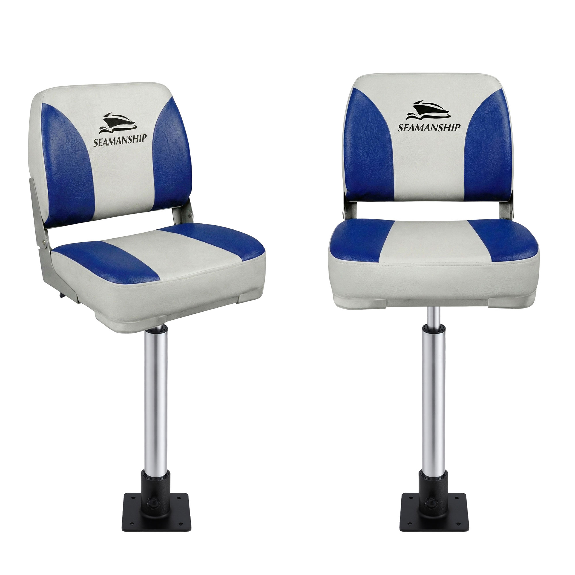 Seamanship 2X Folding Boat Seats with 2X Adjustable Pedestals 5575cm Marine Swivel Low Back 13cm Padding White Blue