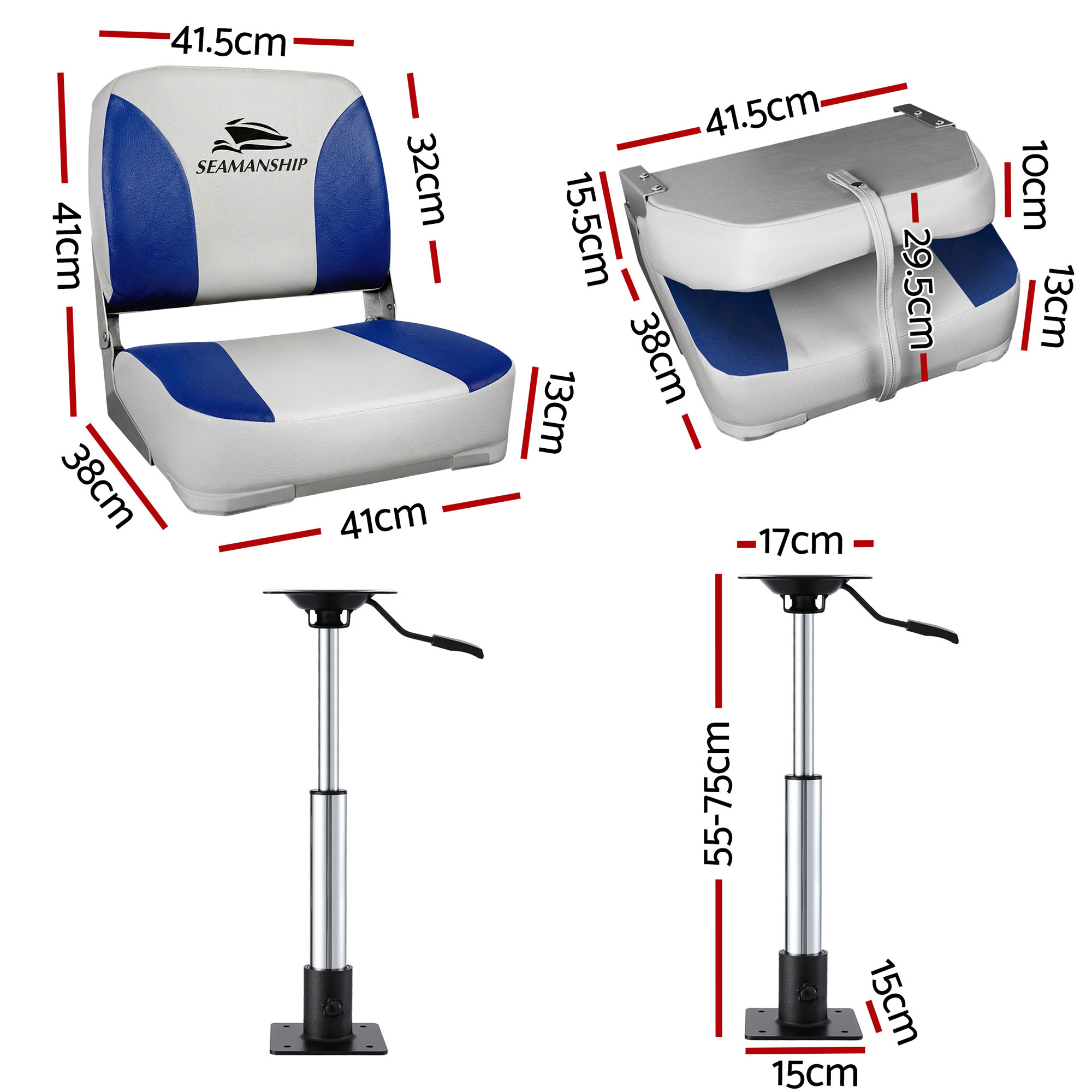 Seamanship 2X Folding Boat Seats with 2X Adjustable Pedestals 5575cm Marine Swivel Low Back 13cm Padding White Blue