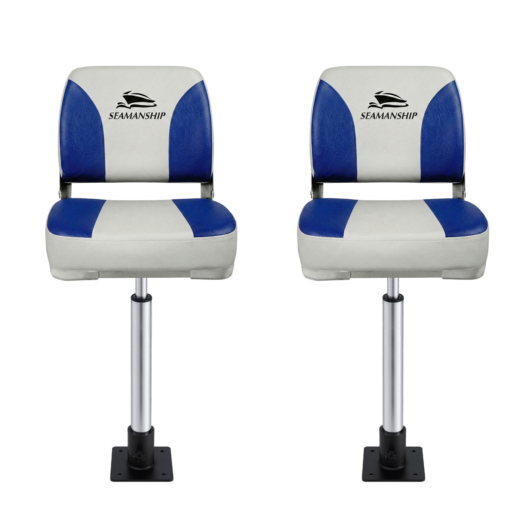 Seamanship 2X Folding Boat Seats with 2X Adjustable Pedestals 5575cm Marine Swivel Low Back 13cm Padding White Blue