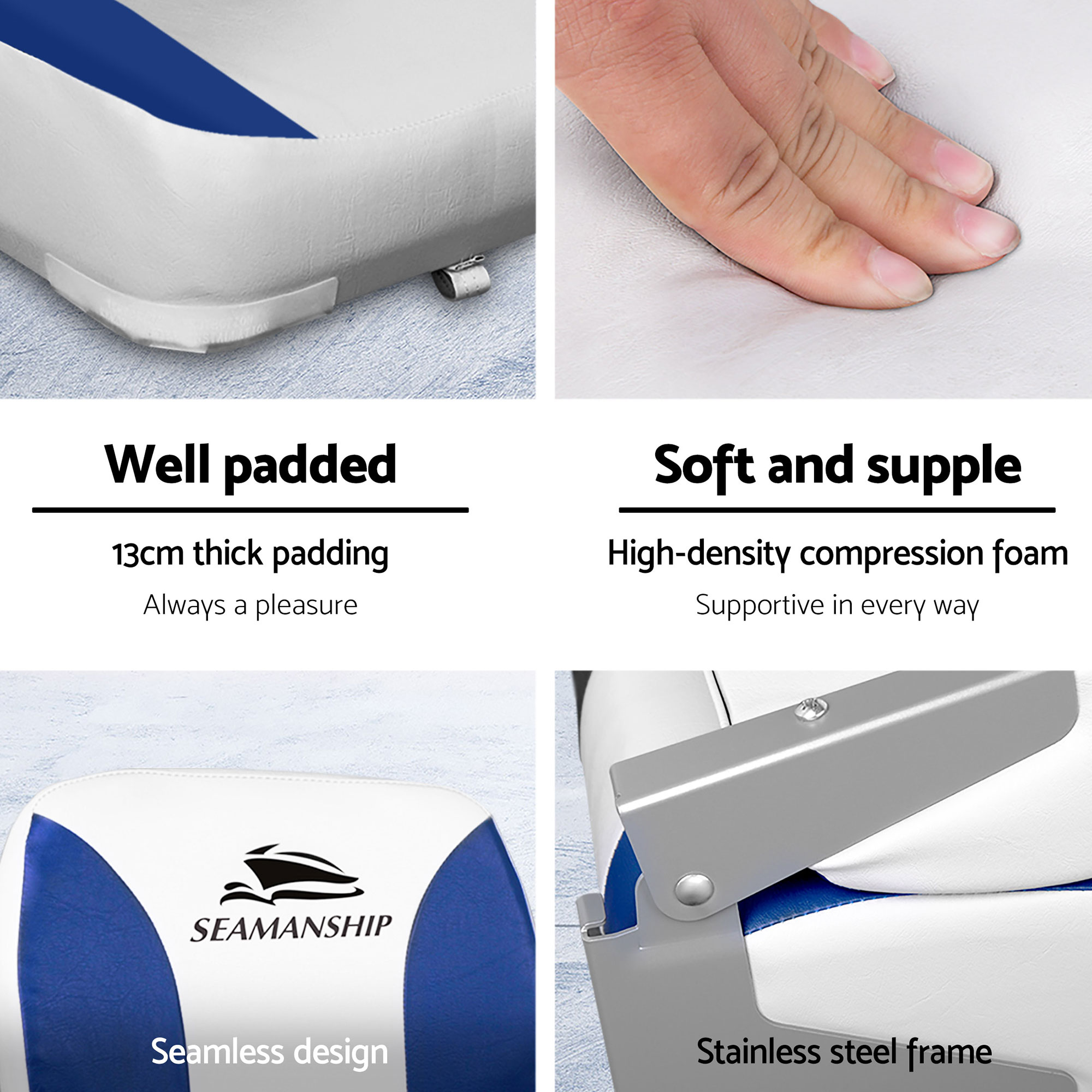 Seamanship 2X Folding Boat Seats with 2X Adjustable Pedestals 5575cm Marine Swivel Low Back 13cm Padding White Blue