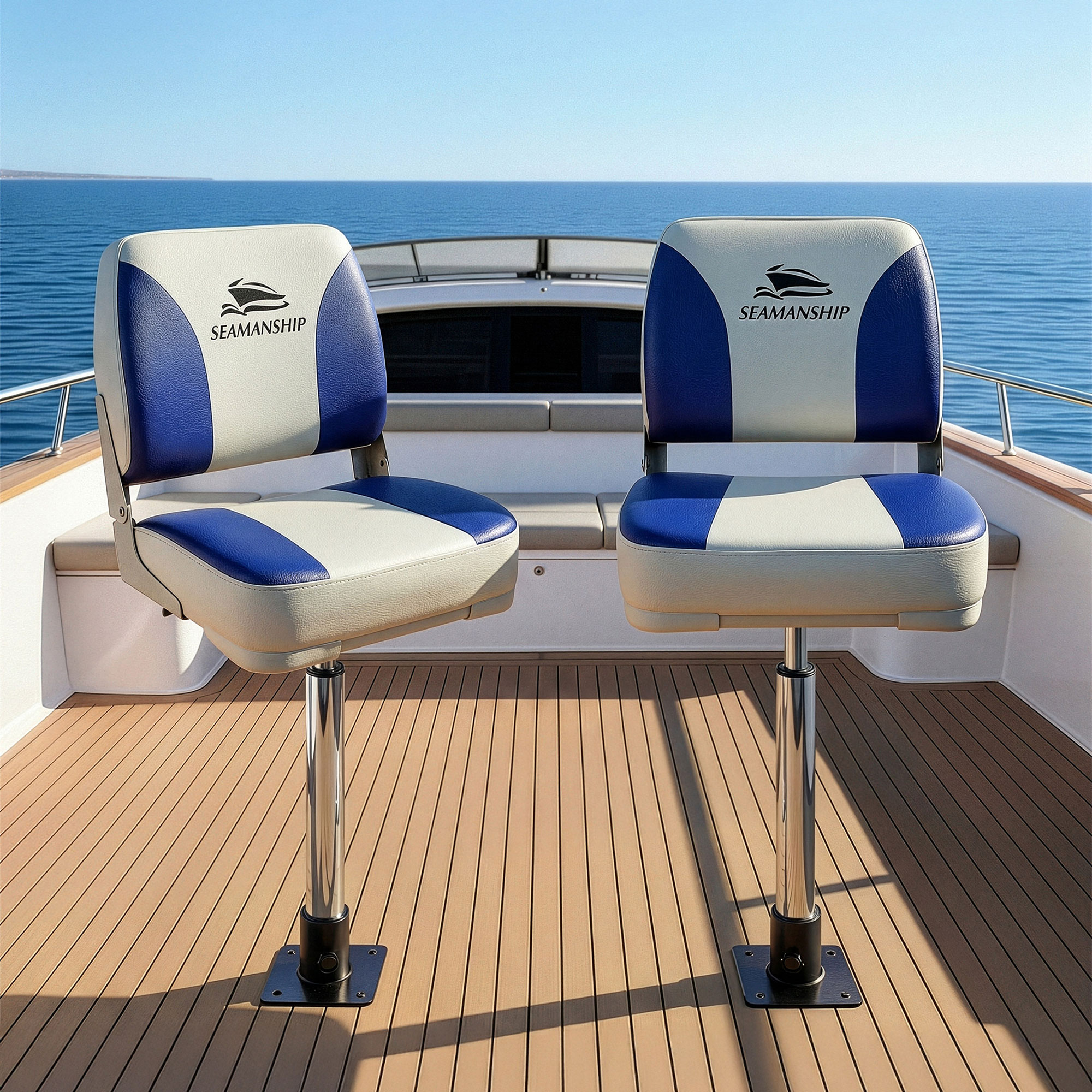 Seamanship 2X Folding Boat Seats with 2X Adjustable Pedestals 5575cm Marine Swivel Low Back 13cm Padding White Blue