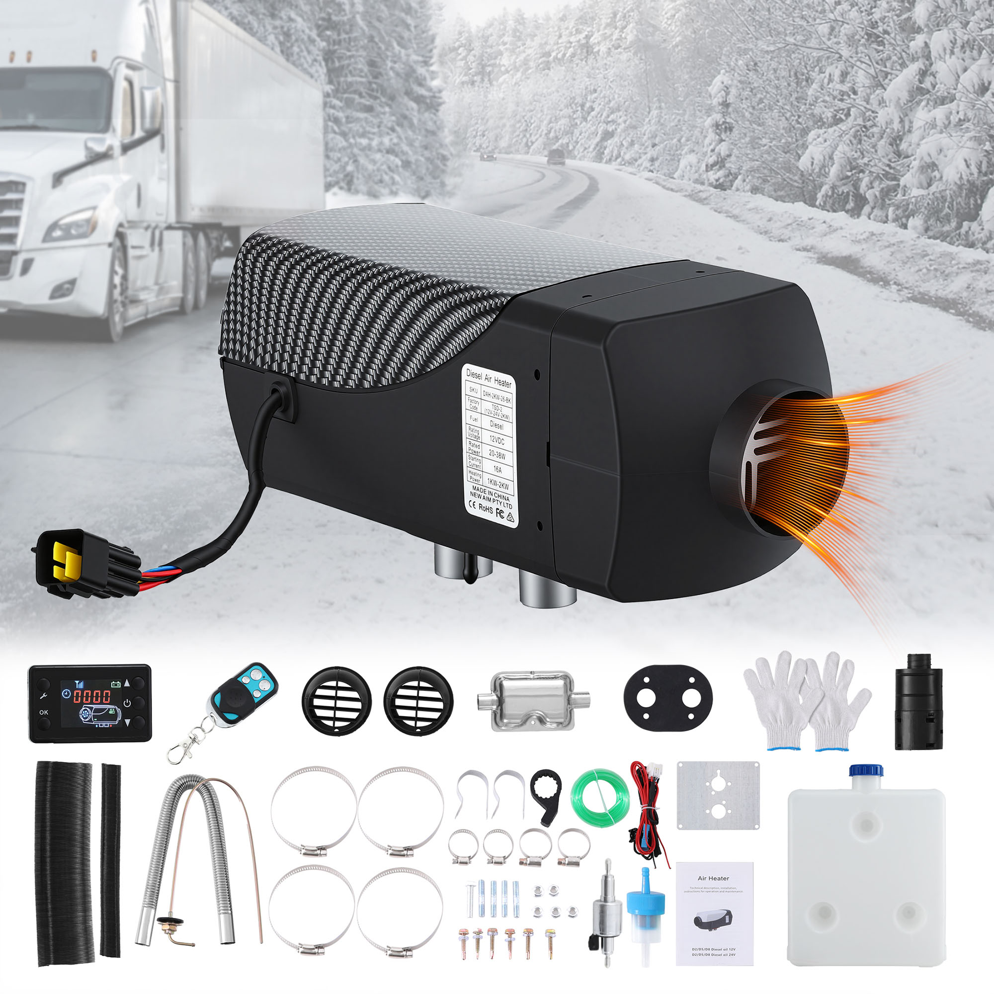 Giantz Diesel Air Heater 12-24V 2KW LCD Display Remote Control for Car Bus RV Indoor Black