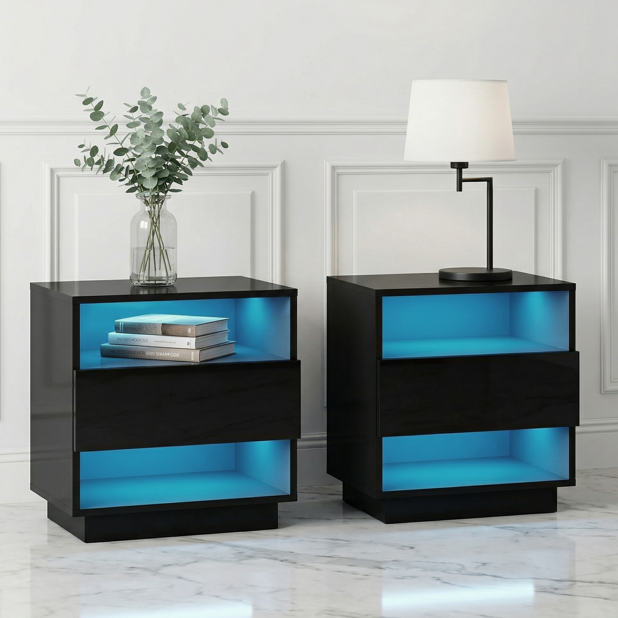 Artiss 2x Bedside Table LED with 2 Shelves - HANA Black Artiss 2x Bedside Table LED with 2 Shelves - HANA Black