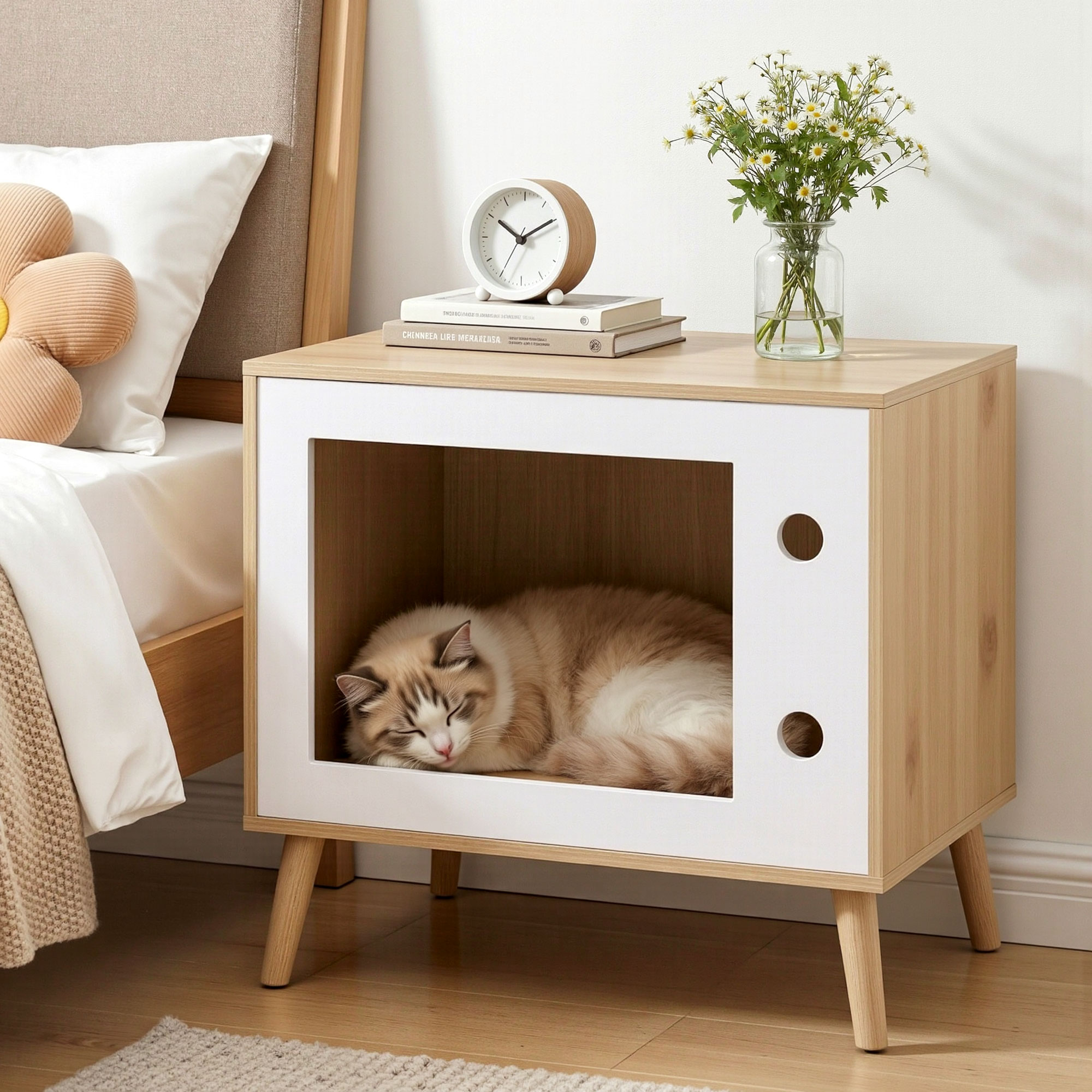 Artiss Cat Nest Bedside Table Solid Wood 60cm Artiss Cat Nest Bedside Table Solid Wood 60cm