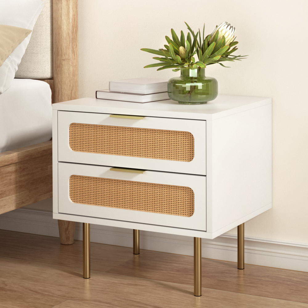 Artiss Rattan Bedside Table 2 Drawers Pine Artiss Rattan Bedside Table 2 Drawers Pine