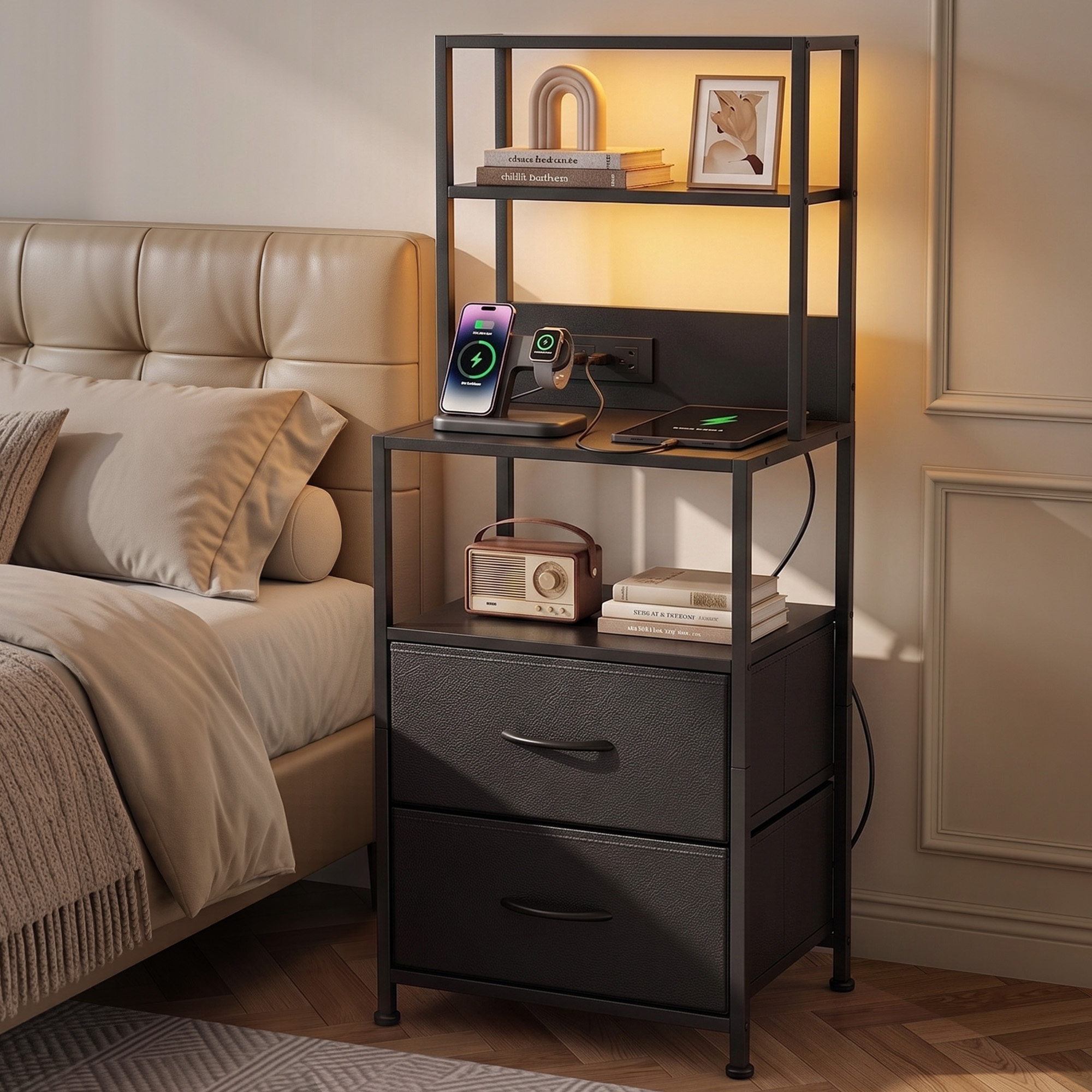 Artiss Bedside Table Tall Nightstand with Charging Station Drawers LED Black Artiss Bedside Table Tall Nightstand with Charging Station Drawers LED Black