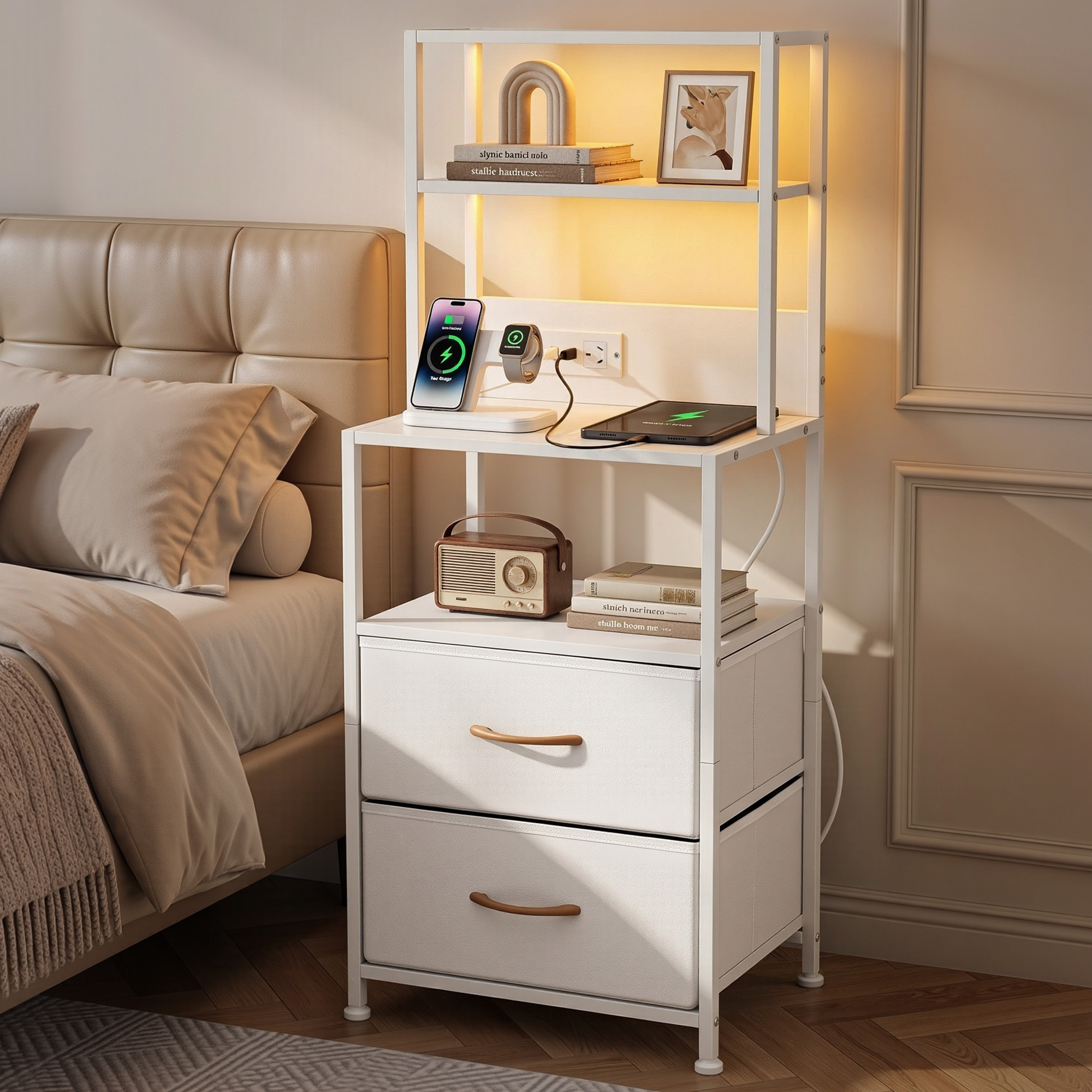 Artiss Bedside Table Tall Nightstand with Charging Station Drawers LED White Artiss Bedside Table Tall Nightstand with Charging Station Drawers LED White