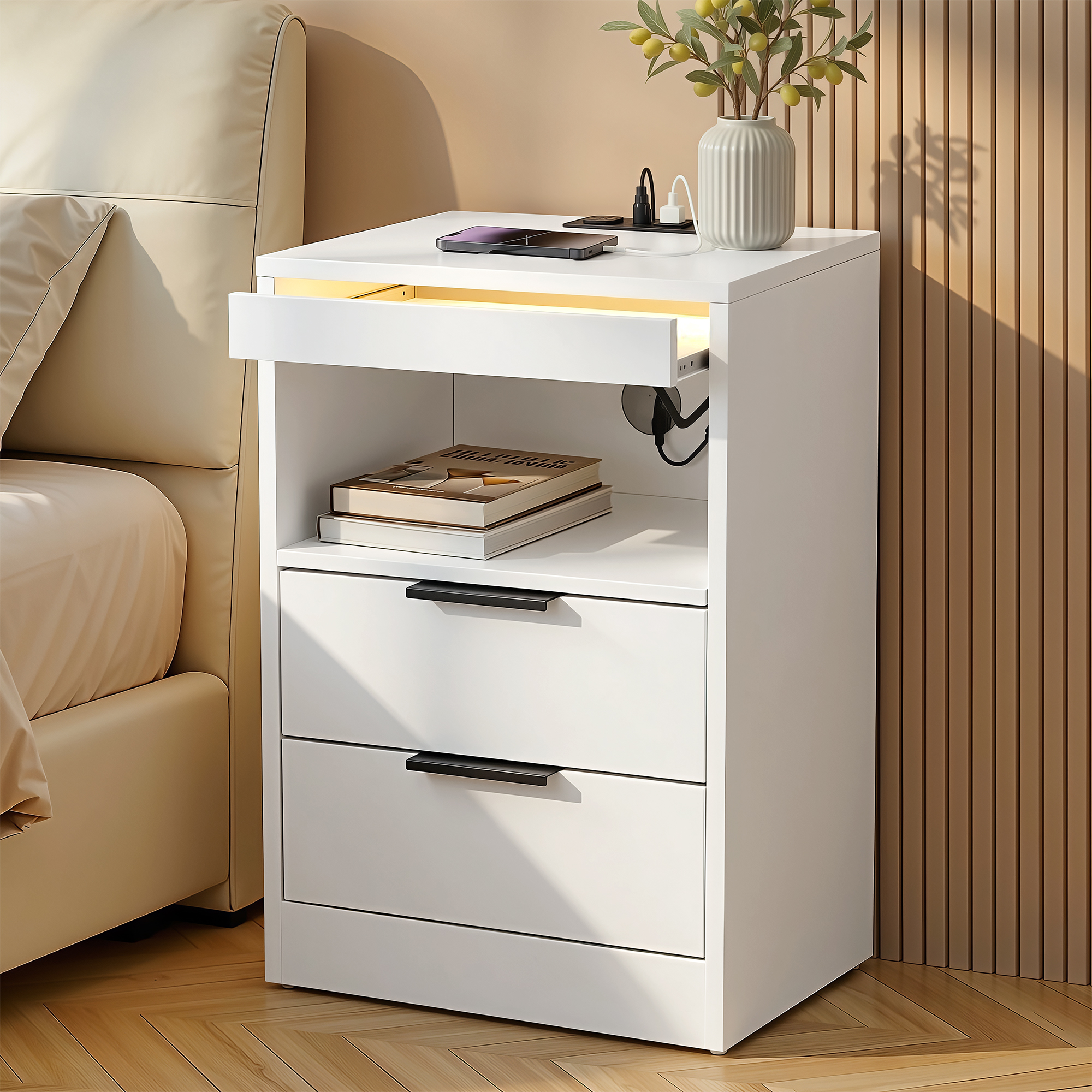Artiss Bedside Table LED Nightstand Charging Station 2 Drawers - White Artiss Bedside Table LED Nightstand Charging Station 2 Drawers - White