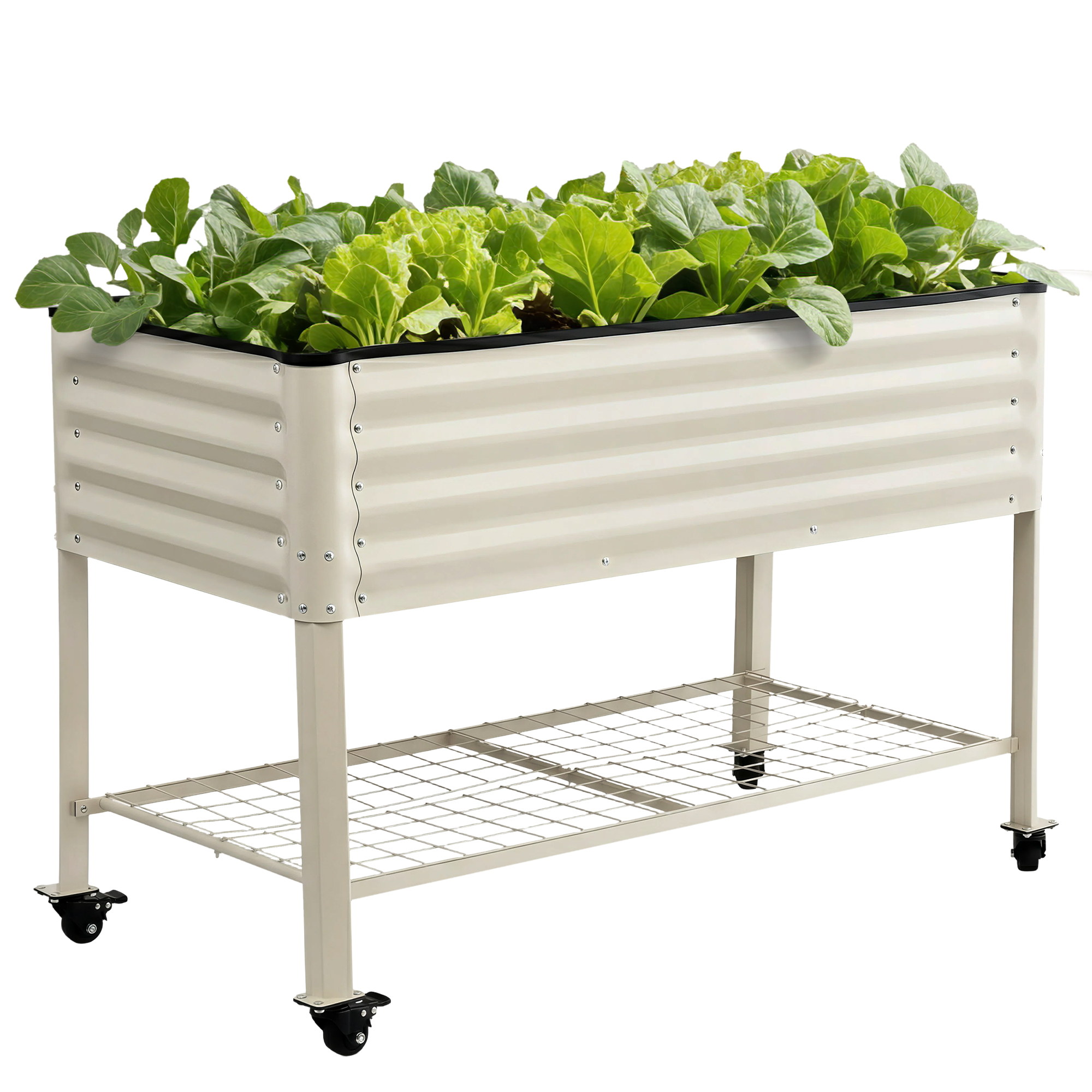 Green Fingers Mobile Raised Garden Bed With Wheels Storage Shelf 81cm Height for Vegetables Herb White
