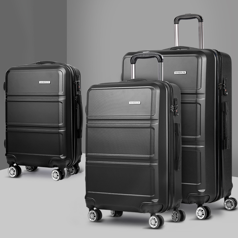Wanderlite 3pc Luggage Trolley Set Suitcase Travel TSA Carry On Hard Case Lightweight Black Wanderlite 3pc Luggage Trolley Set Suitcase Travel TSA Carry On Hard Case Lightweight Black