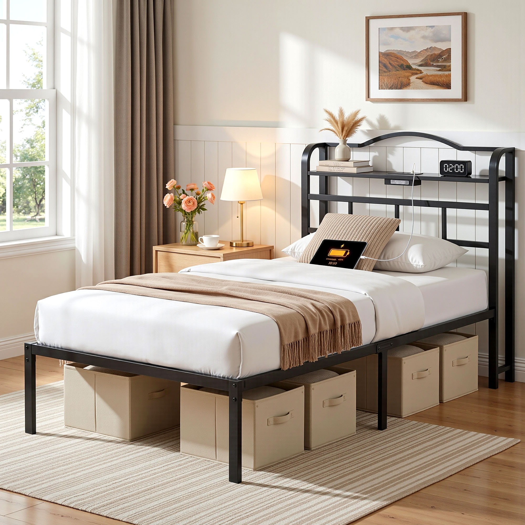 Artiss Bed Frame Single Size with Charging Station WAVE Artiss Bed Frame Single Size with Charging Station WAVE