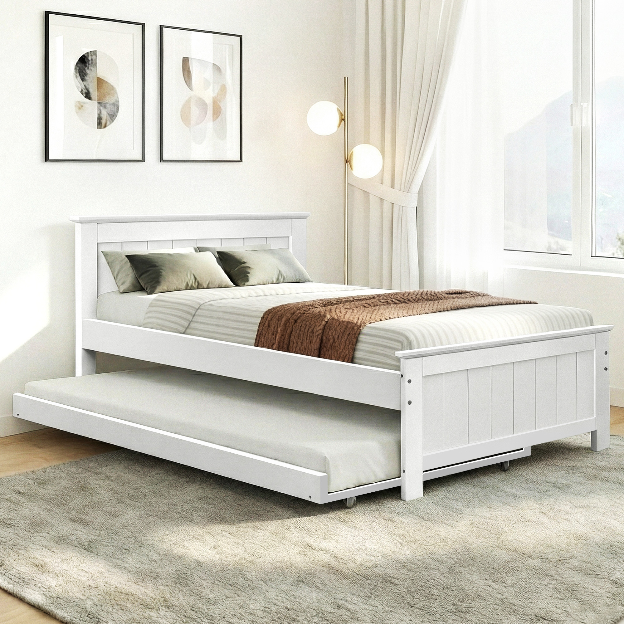 Artiss Bed Frame King Single Size Wooden Trundle Daybed White ELVIS Artiss Bed Frame King Single Size Wooden Trundle Daybed White ELVIS